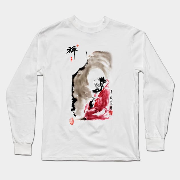 Bodhidharma Meditates 01 Long Sleeve T-Shirt by Huluhua